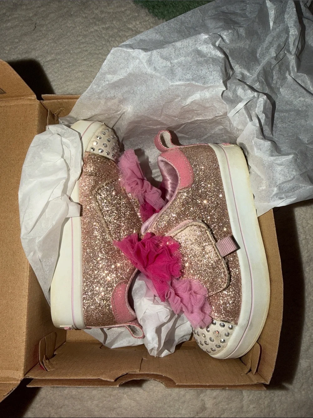 Skechers Twinkle Toes Pink Glitter Light-Up Sneakers with Tulle Flower Accents